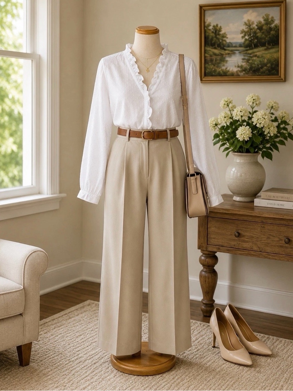 White Swiss Dot Ruffle Neck Long Sleeve Blouse Sz M Boho Cottagecore Romantic
